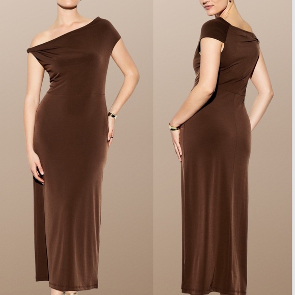 NWTS💓THE OCCASION M💓ELITE OLD NAVY LINE LUSTROUS SABLE ONE SHOULDER MIDI DRESS - Picture 3 of 16